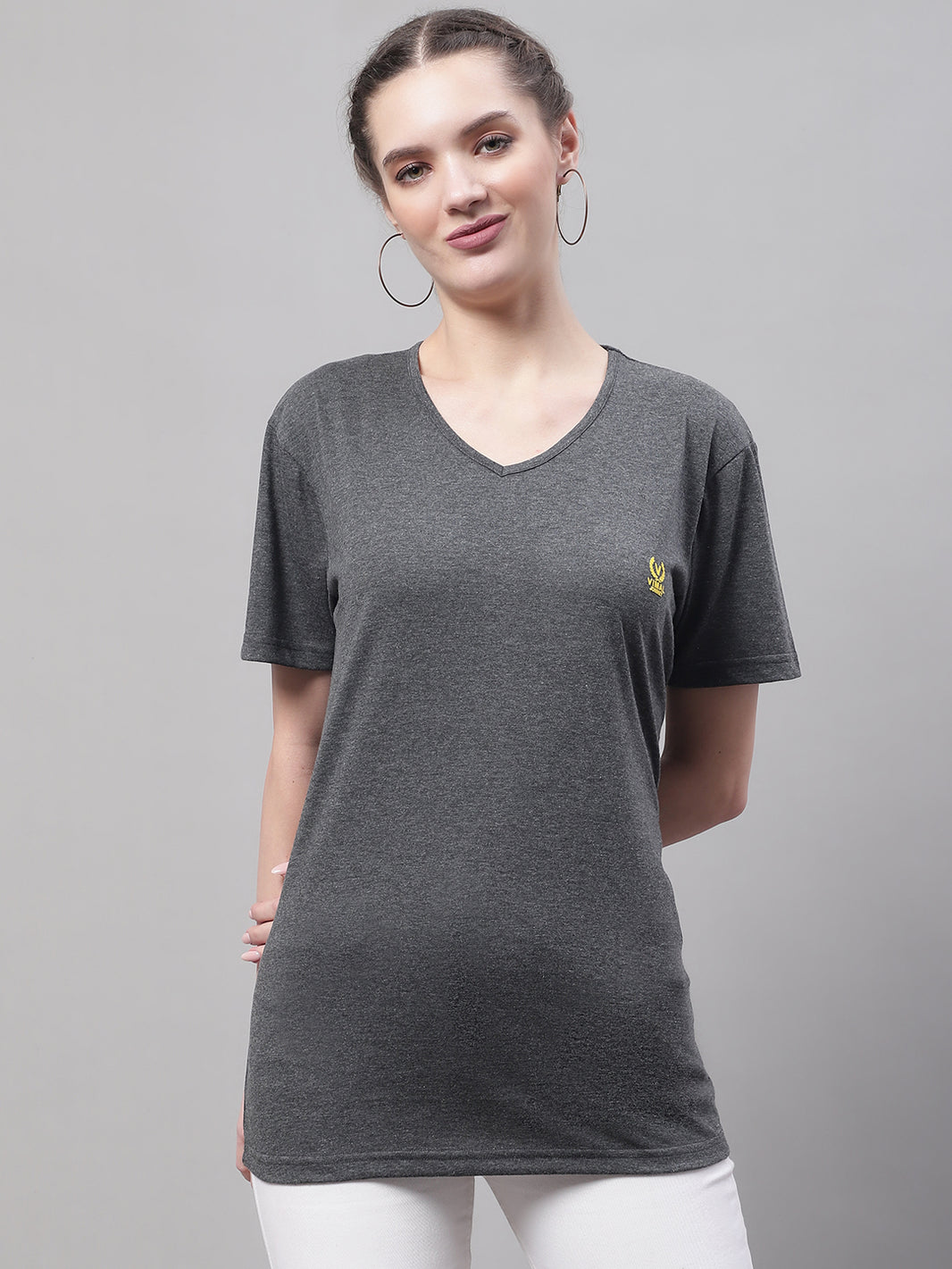 Vimal Jonney V Neck Cotton Solid Grey T-Shirt for Women