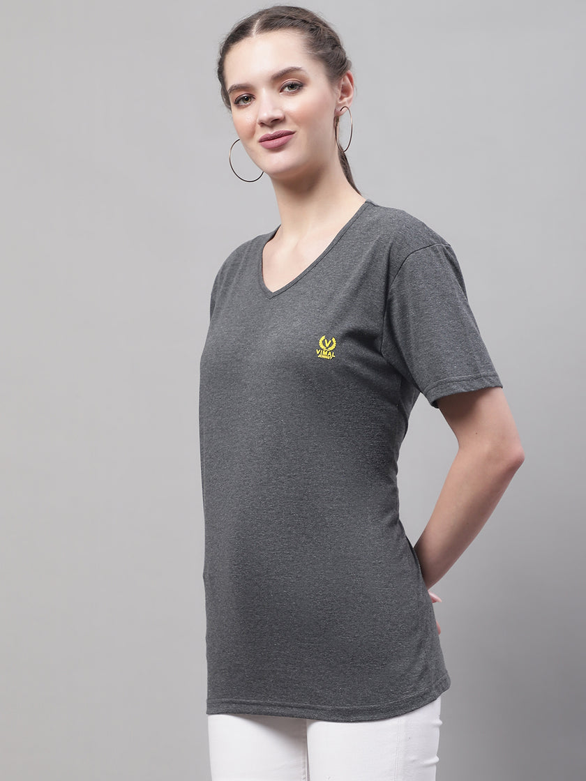 Vimal Jonney V Neck Cotton Solid Grey T-Shirt for Women