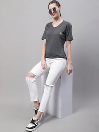 Vimal Jonney V Neck Cotton Solid Grey T-Shirt for Women