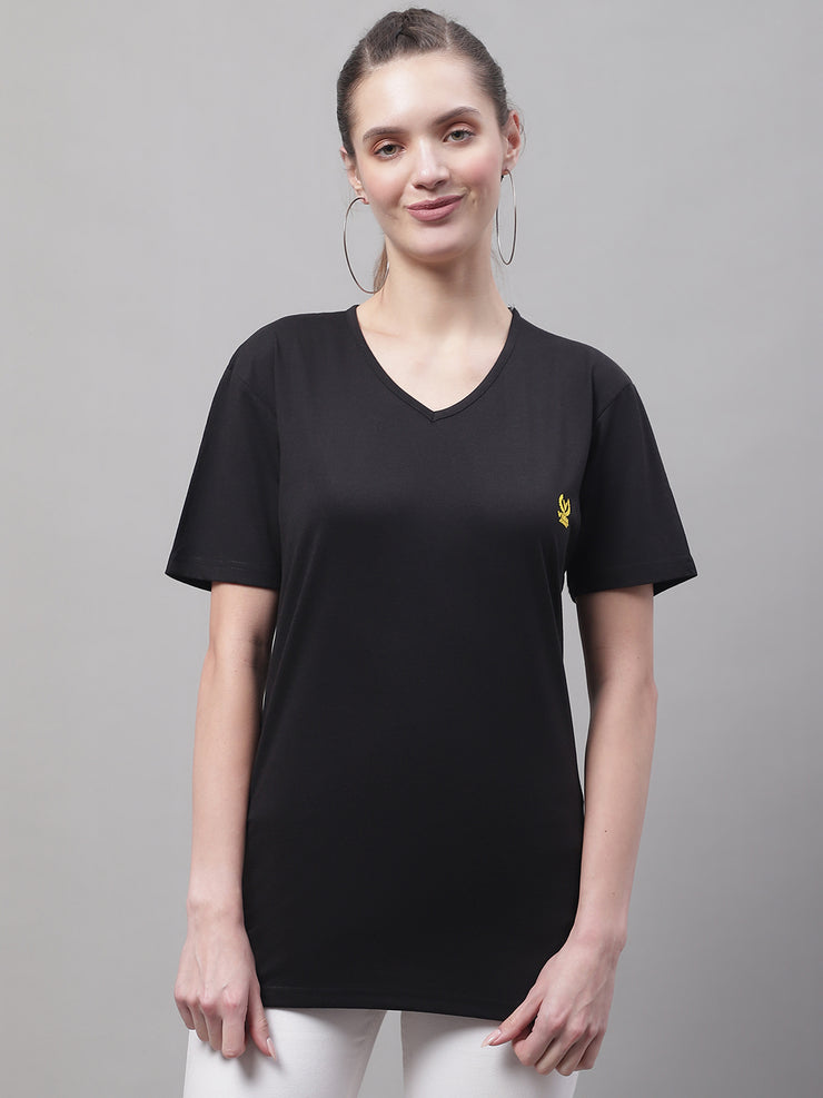 Vimal Jonney V Neck Cotton Solid Black T-Shirt for Women