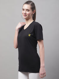 Vimal Jonney V Neck Cotton Solid Black T-Shirt for Women