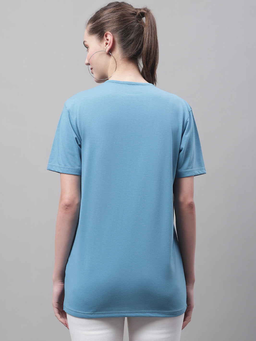 Vimal Jonney V Neck Cotton Solid Blue T-Shirt for Women