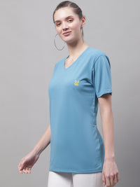 Vimal Jonney V Neck Cotton Solid Blue T-Shirt for Women