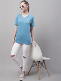 Vimal Jonney V Neck Cotton Solid Blue T-Shirt for Women