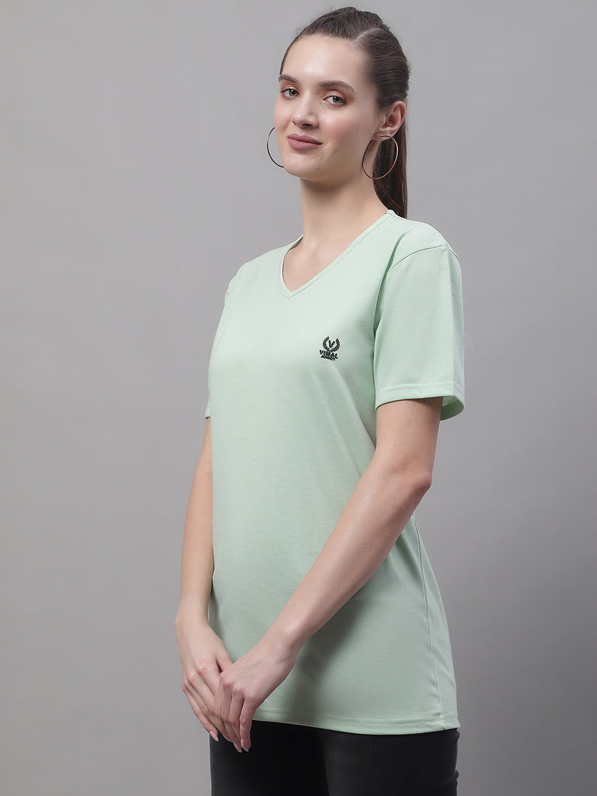 Vimal Jonney V Neck Cotton Solid Light Green T-Shirt for Women