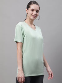 Vimal Jonney V Neck Cotton Solid Light Green T-Shirt for Women