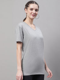 Vimal Jonney V Neck Cotton Solid Grey Melange T-Shirt for Women