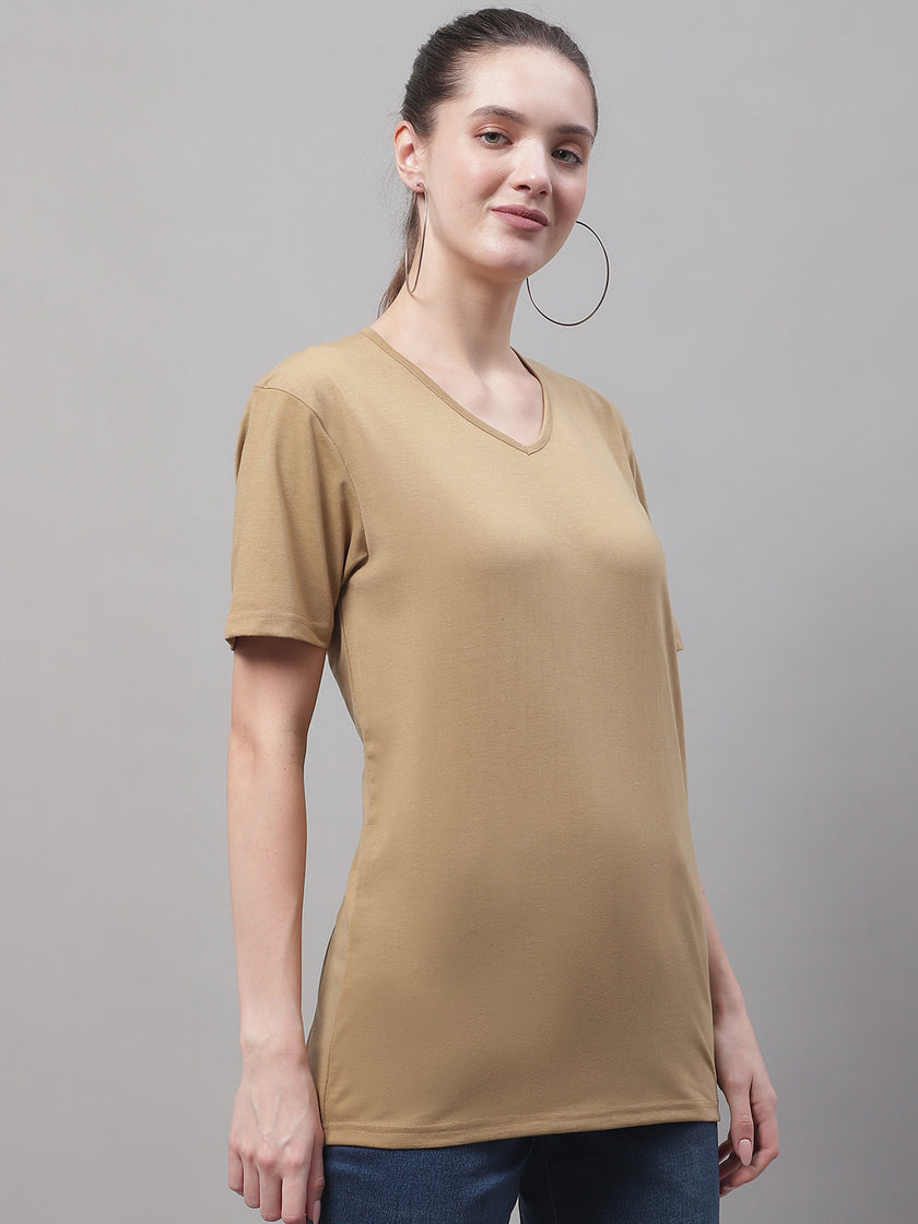 Vimal Jonney V Neck Cotton Solid Mud T-Shirt for Women