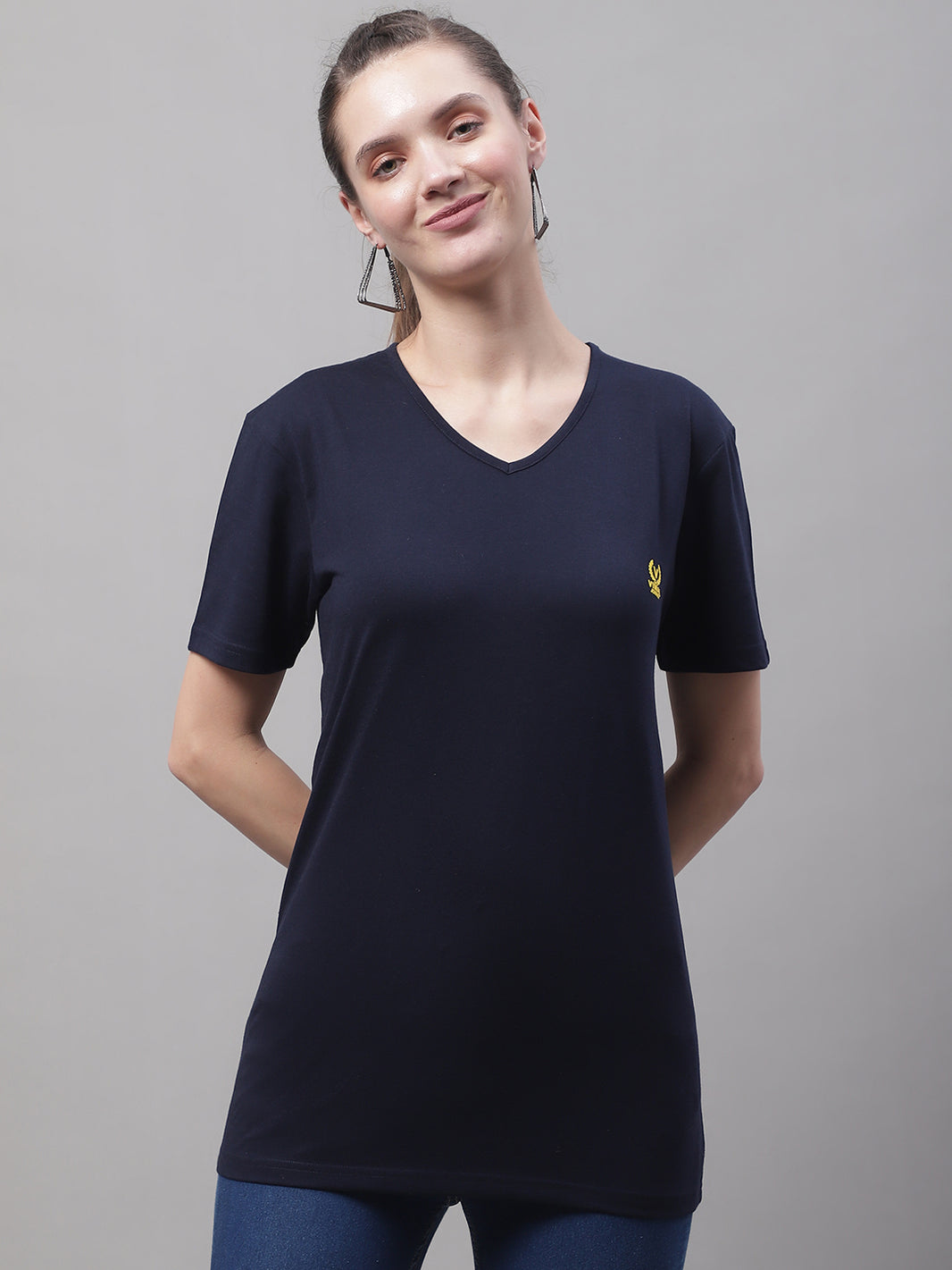 Vimal Jonney V Neck Cotton Solid Navy Blue T-Shirt for Women