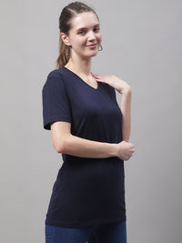 Vimal Jonney V Neck Cotton Solid Navy Blue T-Shirt for Women