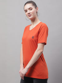 Vimal Jonney V Neck Cotton Solid Rust T-Shirt for Women