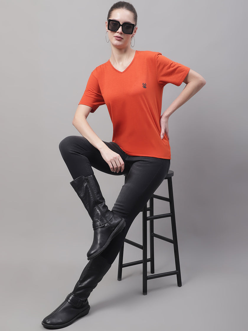 Vimal Jonney V Neck Cotton Solid Rust T-Shirt for Women