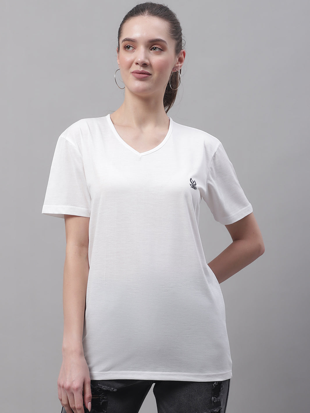 Vimal Jonney V Neck Cotton Solid White T-Shirt for Women