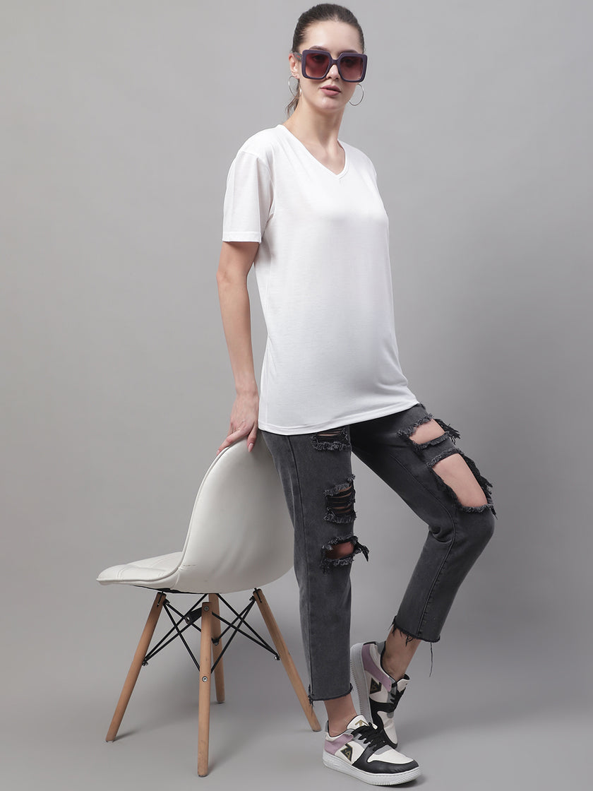 Vimal Jonney V Neck Cotton Solid White T-Shirt for Women