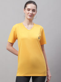 Vimal Jonney V Neck Cotton Solid Yellow T-Shirt for Women