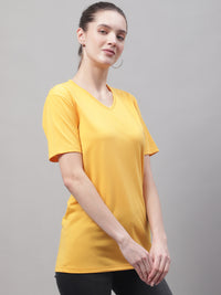 Vimal Jonney V Neck Cotton Solid Yellow T-Shirt for Women